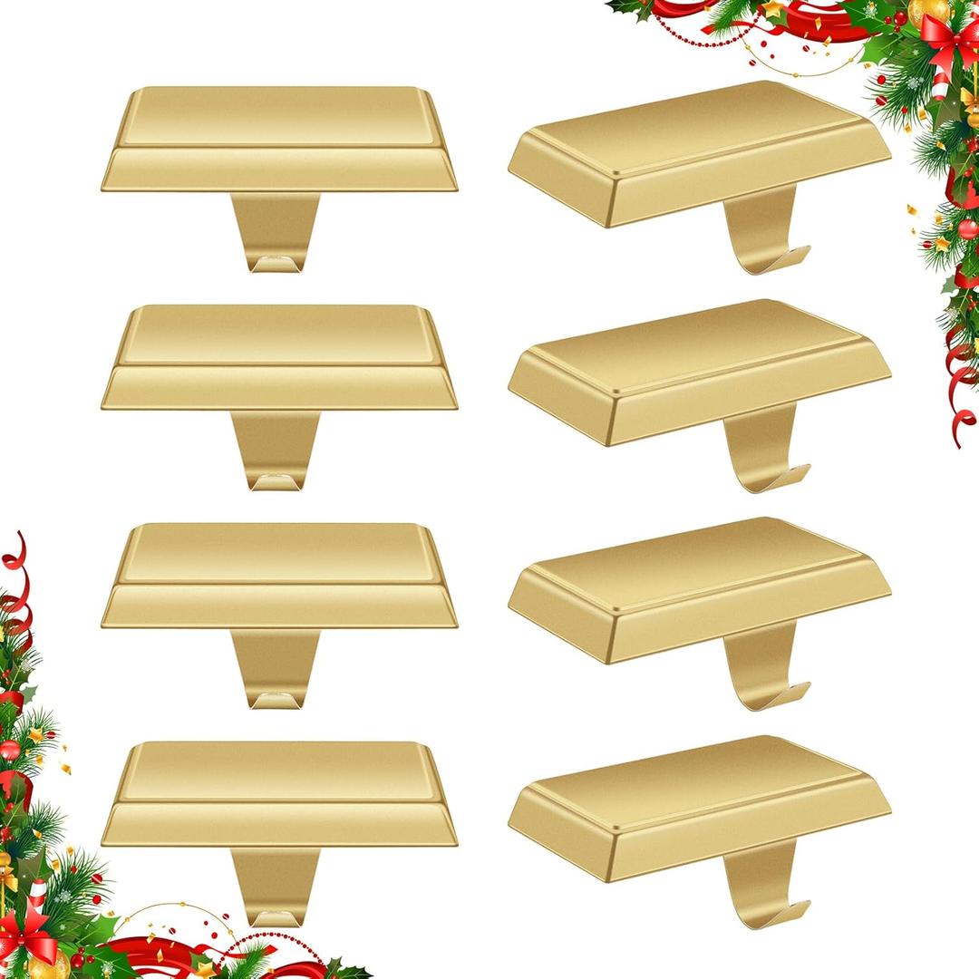 Kalolary Christmas Stocking Holders, 8 Packs Mantel Stocking Hangers Heavy Duty Xmas Stocking Hooks for Mantle Counter Tables Window Fireplace Christmas Party Decoration (Gold)