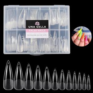 UNA GELLA Stiletto XXL Nail Tips No Need File Extra Long Stiletto Nails Full Cover 120PCS Long Almond Gel Nail Tips Pre-buff Press on Fake Nails for Gel Nail Extension Home DIY Salon 12 Size