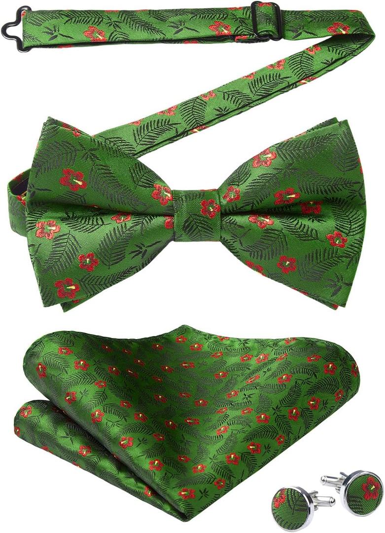 HISDERN Bow Ties for Men Pre-Tied Bow Tie Floral Paisley Handkerchief Classic Formal Bowtie and Pocket Square Cufflinks Set