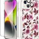 GVIEWIN for iPhone 14 Case Floral, with Screen Protector+Camera Lens Protector,[Non Yellowing] Soft Shockproof Clear Phone Protective Cover for Women, Flower Pattern Design 6.1"(Wild Rose/Burgundy)