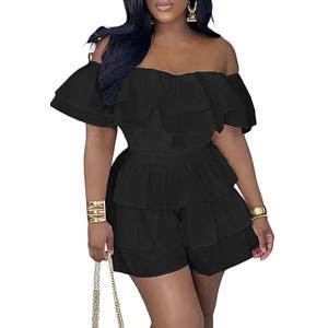 Geulis Womens Boho off Shoulder Rompers Summer Ruffle Dresses Short Sleeve Tiered Short Jumpsuits Size M