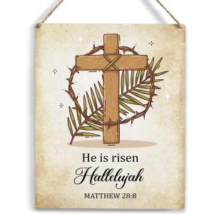 YCYD Christian Decor He is risen Hallelujah Matthew 28:8 Wood Sign, Cross Theme Decorative Sign, Wall Art Wooden Hanging Sign Decor, for Office Bedroom Living Room Home Decoration 10x8 Inch