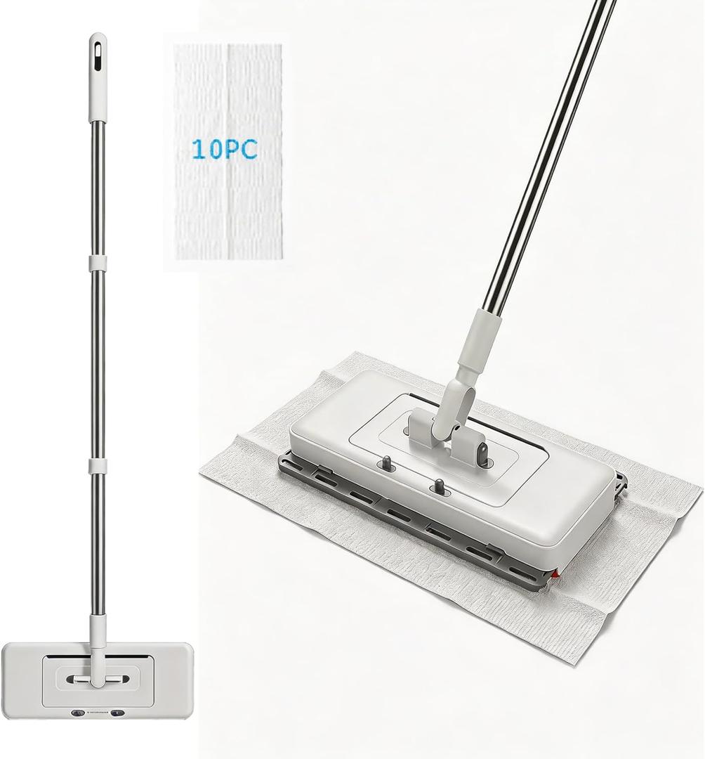 Upgrade Push Clamp Mop Kit - 2-in-1 Full Size Press Grip Lazy Sweeper Mop with Convenient Cloth Changing, Compatible with Swiffer Pads, Hardwood Tile Marble Floor Cleaning, 52in with10 Dry Cloths