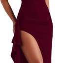 Women’s Elegant Square Neck Ruched Formal Maxi Dress Sexy High Split Ruffle Bodycon Long Dress Evening Gown (Red, M)
