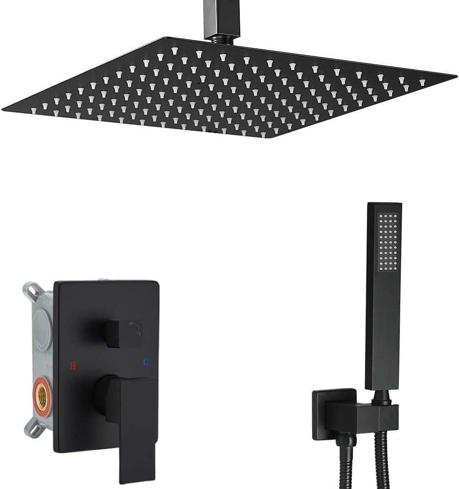 Matte Black Shower System Bathroom 12 Inch Rain Shower Head Ceiling Mount with Handheld Luxury High Pressure Shower Combo Set Shower Faucet Rough-in Valve Body and Trim Included