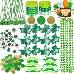 Max Fun 188Pcs St Patricks Day Accessories Party Favors Set, Saint Patricks Day Decorations Irish Decor for Kids, Green Beads Shamrock for Parades Party Supplies
