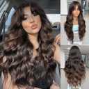 LEOSA Highlighted Wig 26 Inch Long Wavy Chocolate Brown Layered Wig with Curtain Bangs for Women Synthetic Middle Part Curly Womens Wigs for Daily Party,Dark Brown with Highlights