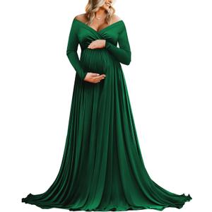 Saslax Maternity Off Shoulders Half Circle Gown for Baby Shower Photo Props Dress (N-green 131)