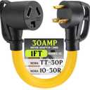 Kanayu 30amp Dryer Adapter Cord Compatible with Nema TT-30p Male to 10-30r Female, 3 Prong Male to 3 Prong Female Power Cord for Rv Generator to Dryer with Handle, Stw 10 Awg/3c, 1ft, Etl Listed (Yellow)
