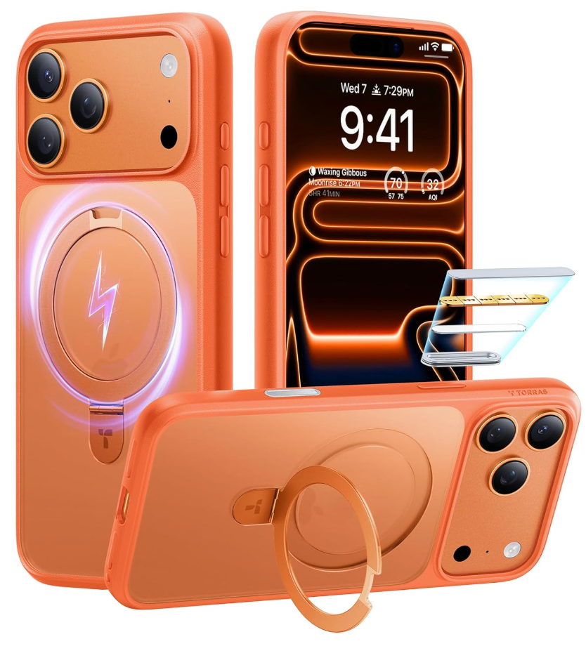 TORRAS for iPhone 17 Pro Case with Stand, Fit for MagSafe, 4X Military Drop Protection, Camera Control Button, Slim Soft Edge Phone Case for iPhone 17 Pro, Translucent Matte Cover 6.3", Bright Orange