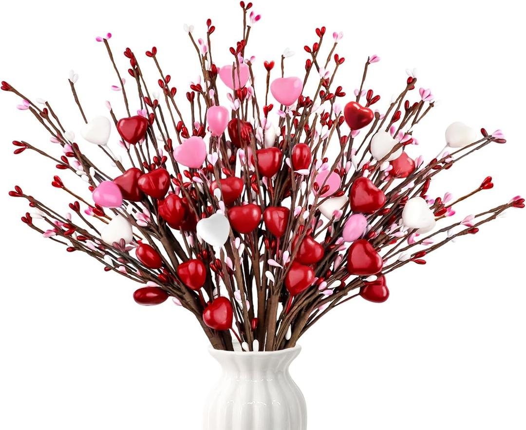 Yunfan 6Pcs Valentines Day Decorations Valentines Decor Red Pink White Heart Shaped Berry Picks Artificial Flowers for Valentines Day Gifts Wedding Home Decor 17in