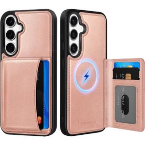 Uppuppy for Samsung Galaxy S25Plus/S24Plus Case with Wallet - Fits 4 Card Slots, Compatible with MagSafe for Women Leather Credit Card Holder Kickstand Cover for Samsung S25Plus/S24Plus, Rose Gold