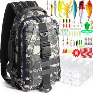 85 Pcs Fishing Backpack with Tackle Boxes, Tackle Sling Bag with Rod Holder, Fishing Lures Kit and Pliers Set for Men Women (Jungle Camouflage)