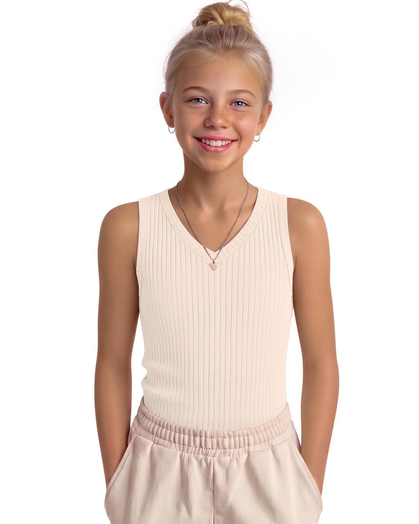 LessonZoo Girls' Tank Tops Sleeveless Shirts, Cream, 7-8 Years