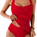 EoMENIE Swimsuits for Women Tummy Control Bathing Suits Halter Ruched Tops Two Piece Swimwear Sets, L
