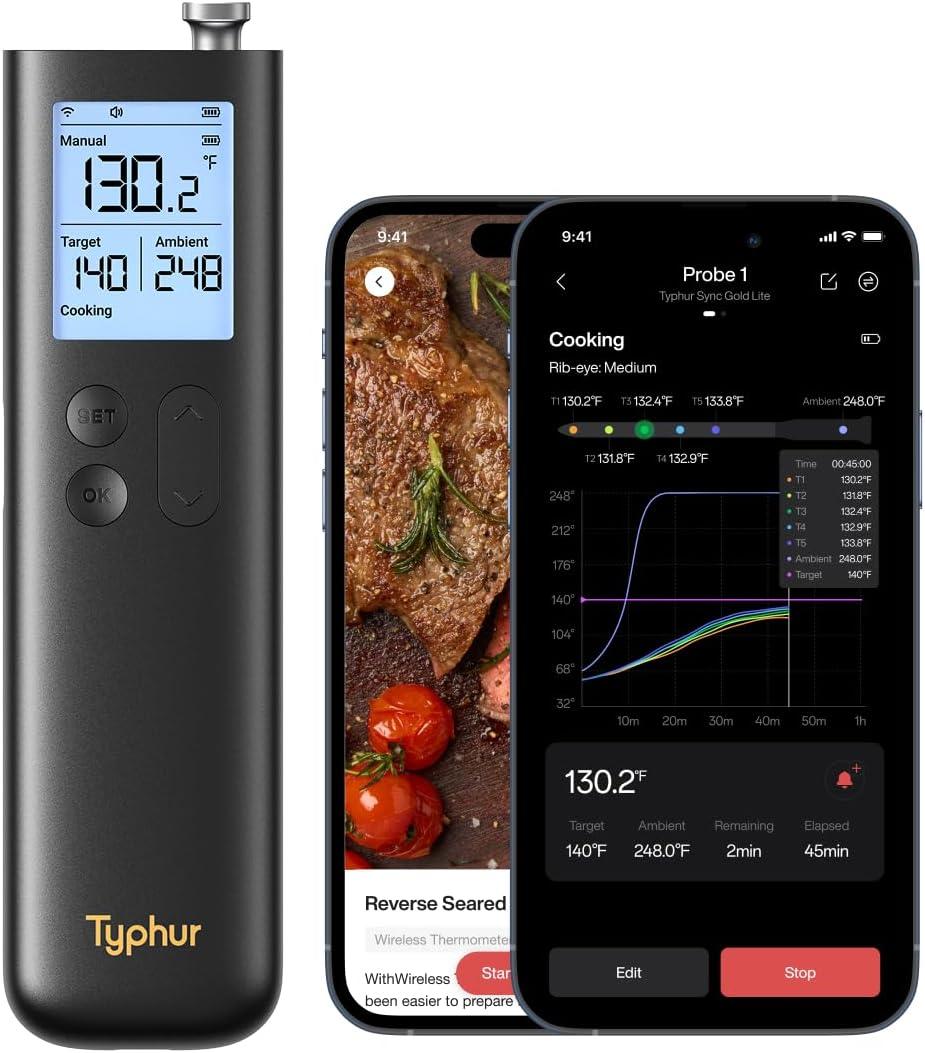 Typhur Sync Gold Wireless Meat Thermometer, Enhanced 10X Sub-1G Signal and Stability, WiFi Unlimited Range, 6 Sensors, Bluetooth Meat Thermometer for BBQ, Oven, Smoker, Grill, Air Fryer, Gen2 (Black)