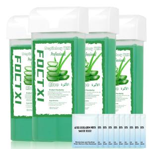 Roll on Wax Cartridge, 4 Hair Removal Aloe Vera Ｗax Cartridge with 10 Pack Cleaning Oil Wipes, Depilatory Wax Roller Refill for Women Sensitive Skin