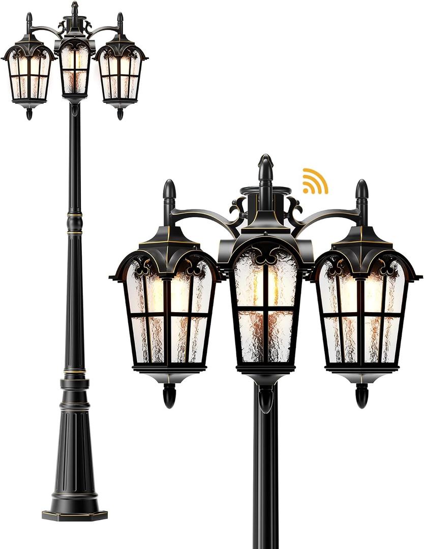 EDISHINE Outdoor Lamp Post Light 3-Head, Thickened Aluminum Dusk to Dawn Street Light Post with Water Ripple Glass, Retro Roman Pole Lighting Fixture for Backyard Garden Patio Driveway, Extra Large