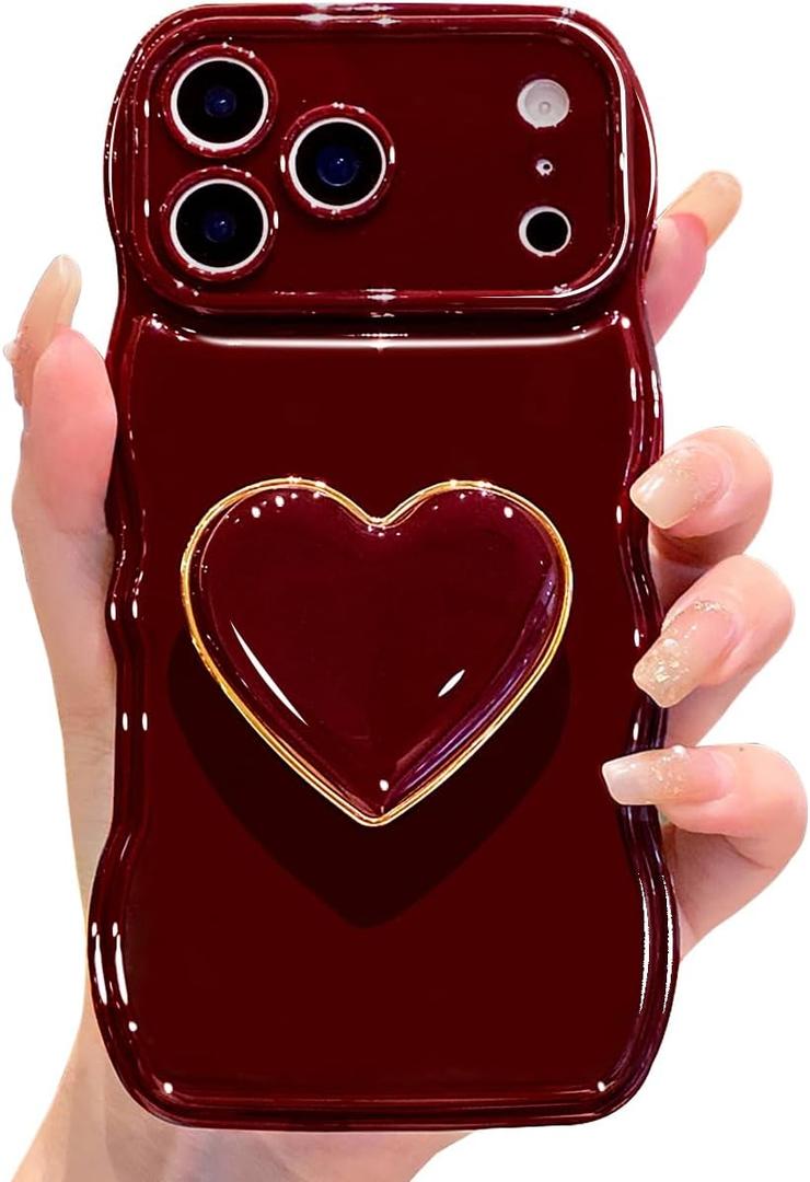 for iPhone 17 Pro Cute Case, Simple Wave Frame Curly Shape Shockproof Protective Cover with Stand, Wine Red Luxury Bumper Love Heart Holder Kickstand Soft Silicone Phone Case for Women Girls