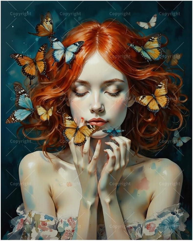 Butterfly Dream Paint by Numbers Kit for Adults - DIY Redhead Woman with Butterflies Painting on Canvas, Acrylic Paint Set, Suitable for Beginners, Art for Home Decoration or Gifts(16X20IN Framed)
