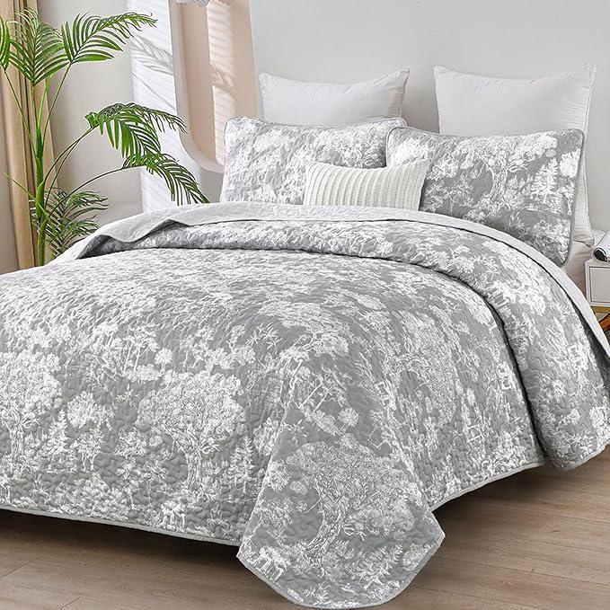 WONGS BEDDING Botanical Quilt Set Queen Size, Grey 3 Pieces Floral Plants Printed Bedspread Bedding Set Soft Lightweight Microfiber Coverlet Set for All Season (96""x90""), YS01AC080786AF-A