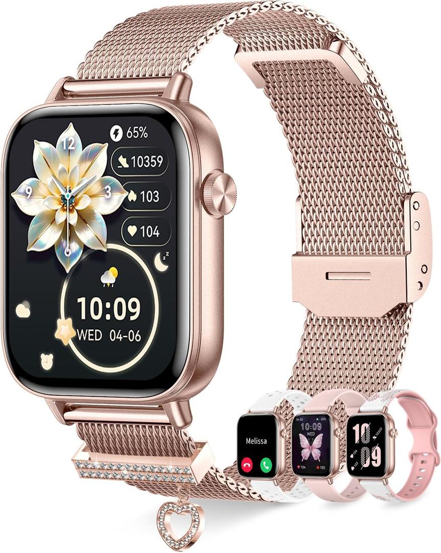 Smart Watches for Women with 4 Bands, 1.83" Fitness Trackers for Android iPhone Pedometer/Sleep/Heart Rate/SpO2 Monitor Smartwatch for Calls/Notifications 110+ Sports Modes 100+/DIY Dials (Rose Gold)