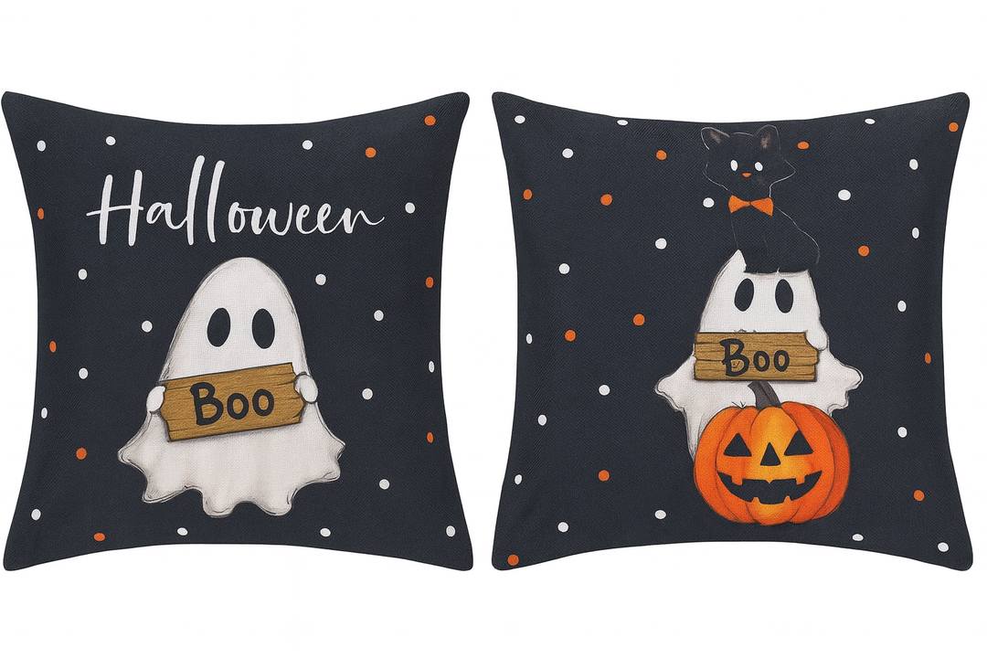 AVOIN colorlife Halloween Cat Ghost Pumpkin Boo Throw Pillow Cover, Polka Dots Holiday Farmhouse White Cushion Case Decoration for Sofa Couch. Size 18x18