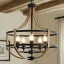 20" Farmhouse Chandelier for Dining Room, 5-Light Rustic Brown Faux Wood Pendant Light Fixtures, Black Frame Foyer Chandelier for Entryway Kitchen Island Bedroom Living Room