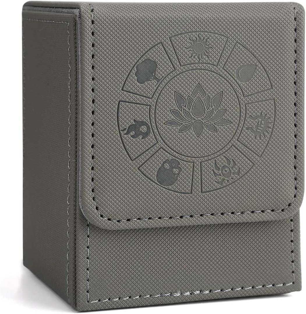 MTG Deck Box with 50 Pcs Card Sleeve, 110+ Card Storage Leather Deck Box for Magic Commander, Collectible Trading Card Cases for Trading Card Games (Grey)