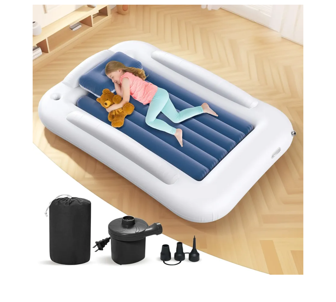 Inflatable Toddler Travel Bed - 60 Inches Portable Toddler Bed for Travel with Safety Sides - Cozy Kids Air Mattress Set with Built-in Electric Pump & Carry Case- Easy to Inflate - Sea Blue