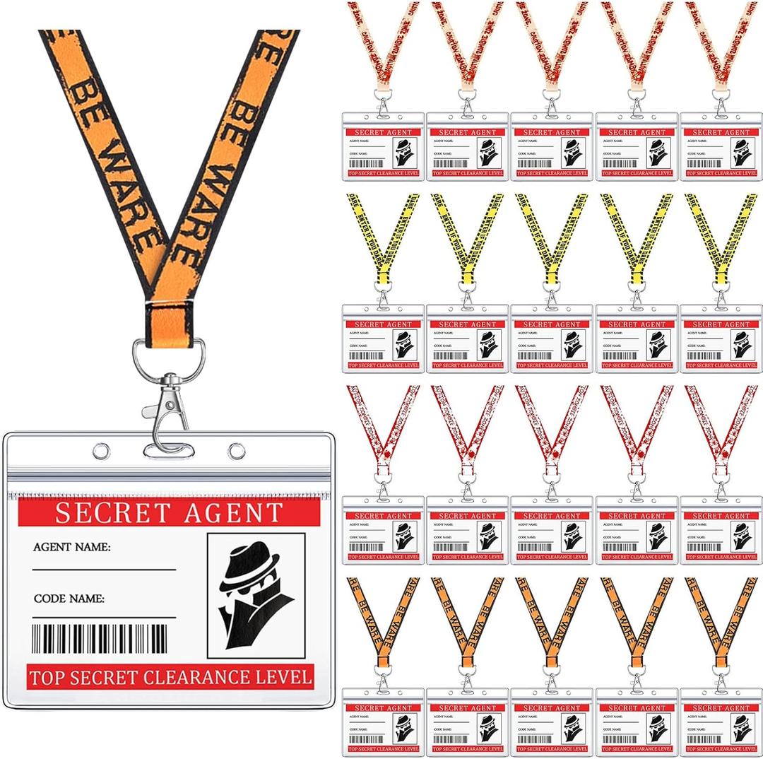 20 Set Halloween Secret Agent Name Tags Secret Agent Badges for Kids Detective Decorations Escape Room Party Favors with Lanyard, ID Holder for Halloween Caution Escape Room Themed Birthday Party