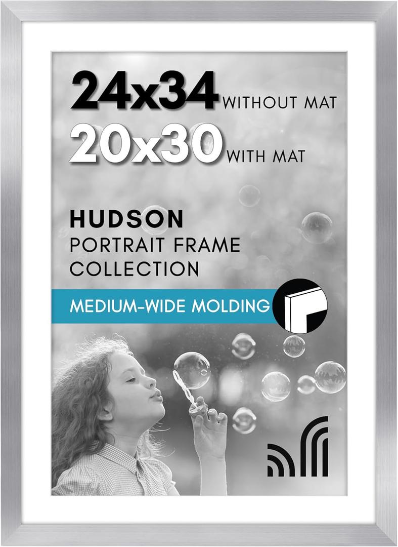 Americanflat 24x34 Poster Frame with Polished Plexiglass - Use as 20x30 Frame with Mat or Display 24x34 Photo Without Mat - Hudson Collection - Wide Picture Frames for Wall Display - Silver