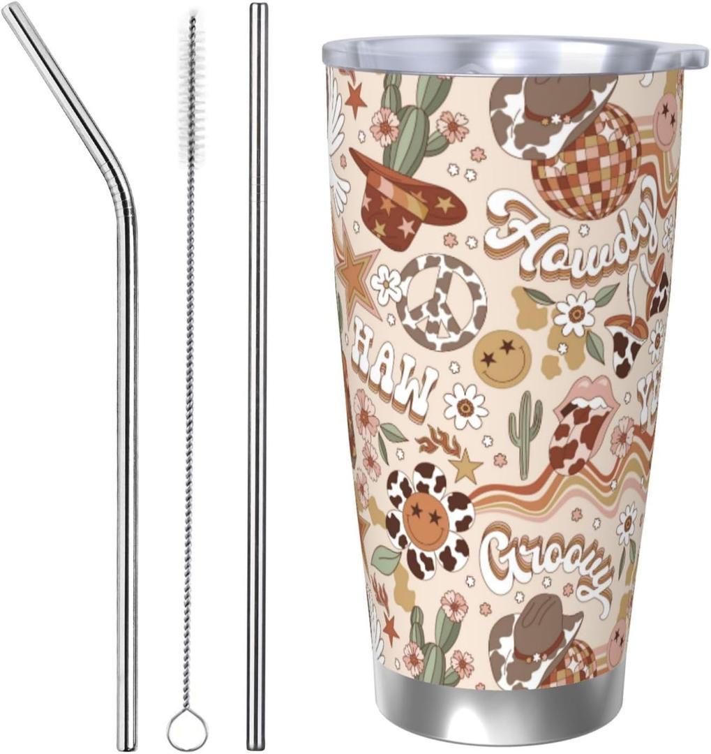 Western Cow Print Tumbler with Lid and Straw, 20 OZ Stainless Steel Water Bottle Coffee Mug Double Wall Insulated Cup gifts for Women Men