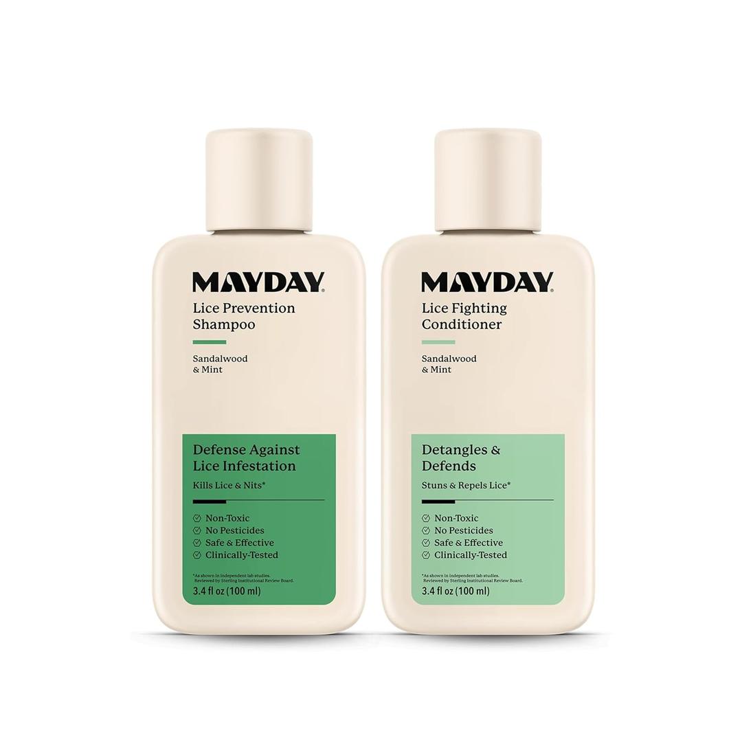 MAYDAY 3.4oz Lice Prevention Shampoo & Lice Fighting Conditioner Bundle - Sandalwood & Mint, Non-Toxic, Pesticide-Free, Scientifically Proven Defense Against Lice, Safe for All Hair Types