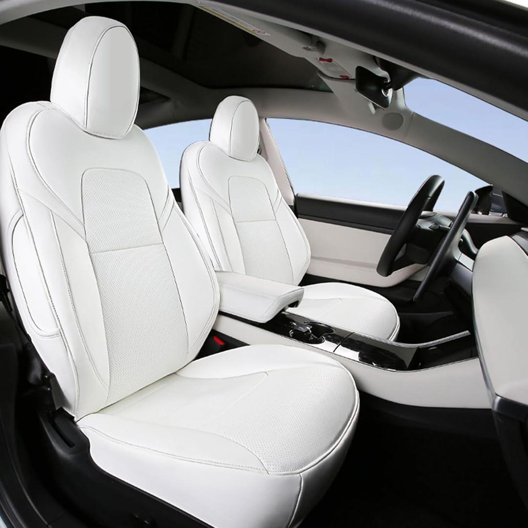 NLQR Full Seat Cover Set PU Leather Perforated Protector Cushion White Compatible with Tesla Model 3 2017 2018 2019 2020 2021 2022 2023