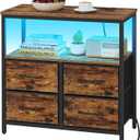 TUTOTAK LED Night Stand with Charging Station, Large Nightstand with USB and Type-C Port, Bedside Table with Cloth Drawers, End Table for Livingroom, Bedroom, Brown TB01BB081L (11.4"D x 25.2"W x 24.4"H)