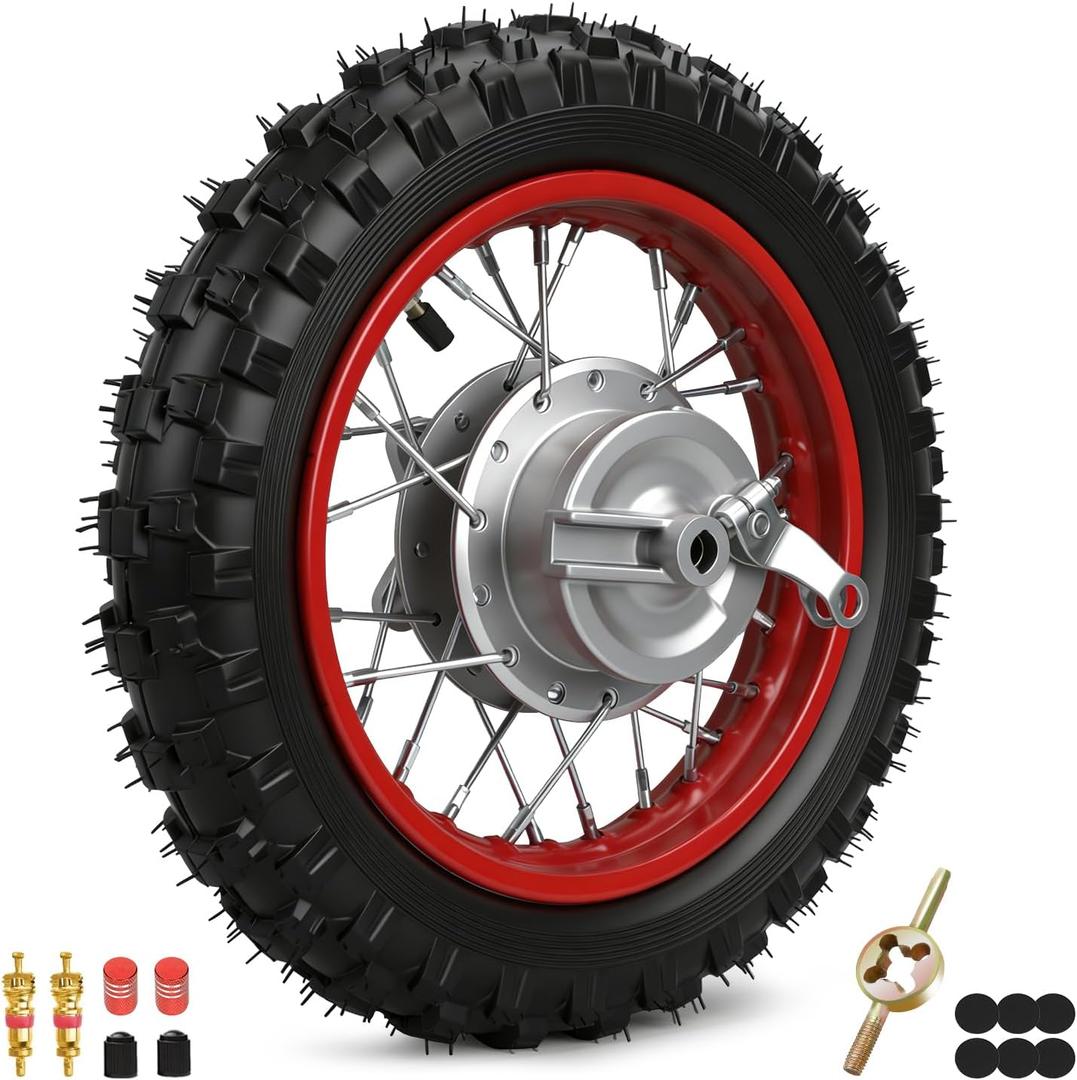 2.5-10 Rear Wheel Compatible with Dirt Bike CRF50 SSR70 XR50, 2.50x10 Tire & Rim for Apollo Taotao 50cc 70cc 90cc 110cc Pit Bike Off Road Motorcycle with Rear Drum Brake Pad Shoe Assembly Red