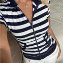 SweatyRocks Women's Slim Fit Zip Up Sweatshirts Collar Striped Short Sleeve Tops with Pockets (M)