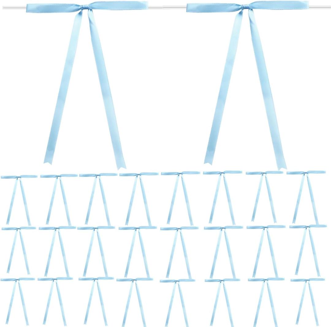 50 Pack Satin Ribbon Twist Tie Bows, 5x7 Inch Premade Ribbon Bows, Christmas Twist Tie Bows for Crafts, Gift Wrapping, Treat Bags, Party Favors, Wedding, Baby Shower, Birthday Decorations(Baby Blue)
