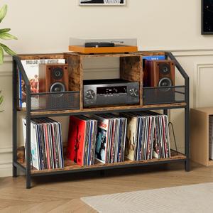 CHOEZON 43" Vinyl Record Storage Holder, Large Record Player Table, Holds up to 400 Albums, Vinyl Record Player Display Stand, Removable Dividers, for CD, Audio Equipment Storage, Rustic Brown TCW77BF