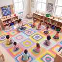 Amylove 7.6 x 12 ft Large Classroom Rug Elementary, Rounded Squares Circle Time Seating Area Rug,Educational Happy Boho Pastel Carpet for Preschool, Kindergarten Daycare, Learning Play Mat, Seats 24