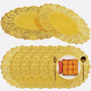 Gueevin 100 Pcs Gold Paper Placemats Disposable Lace Round Paper Placemats Decorative Disposable Placemat Doilies for Dining Wedding Table Decoration Festive Party Birthday Holiday (Gold,12 Inch)
