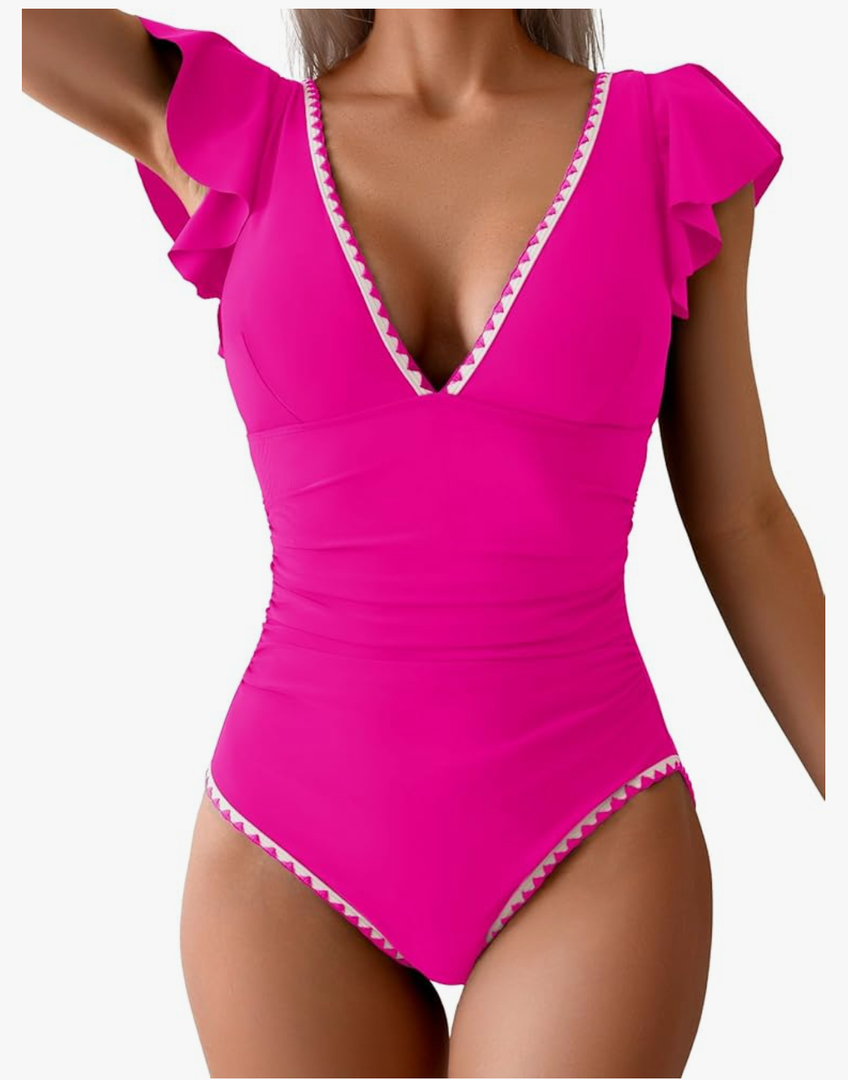 Women's One Piece Ruffle Swimsuit Tummy Control Bathing Suit V Neck Shell Stitched Swim Suit Slimming Swimwear, Small, Hot Pink