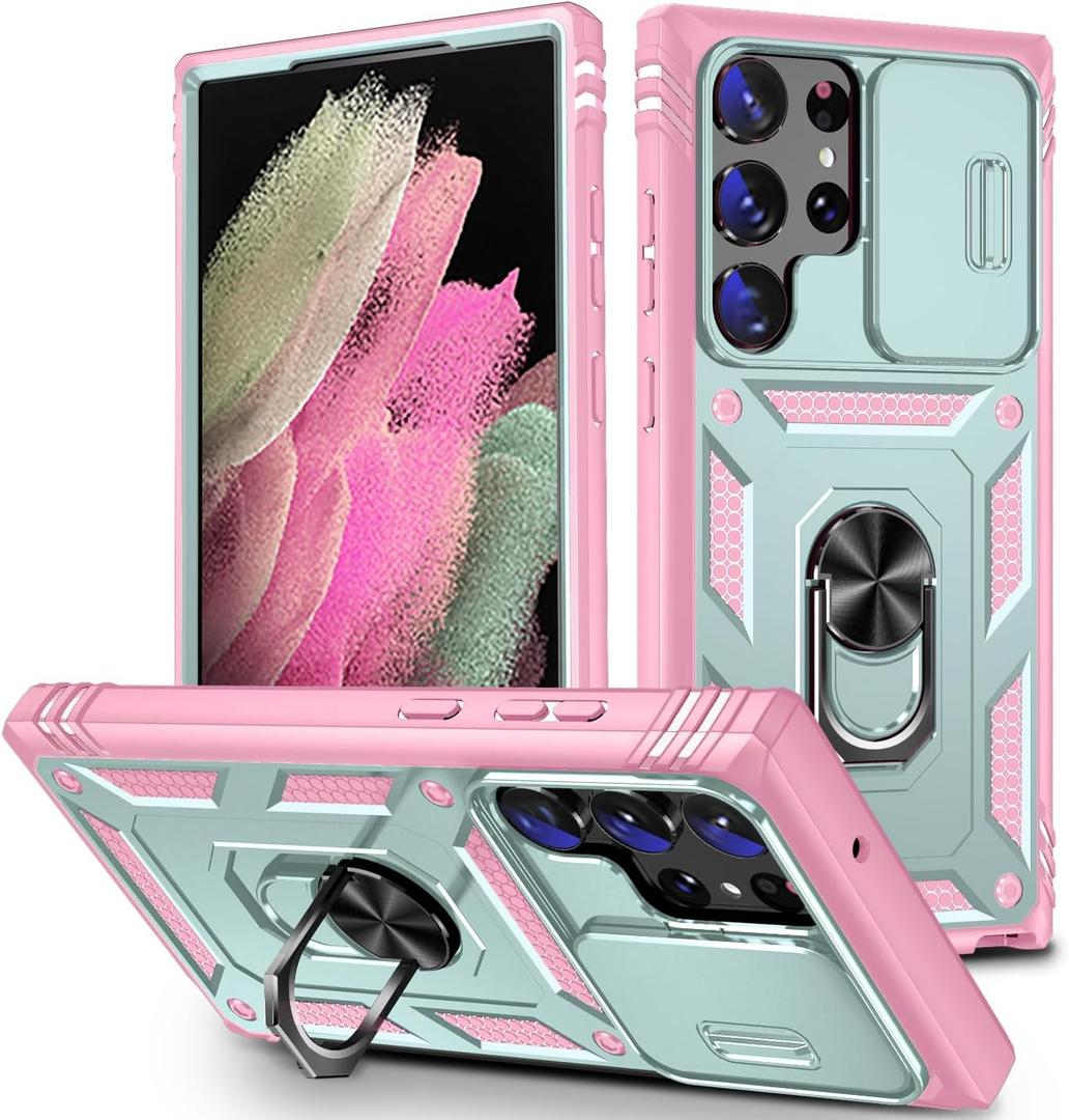 for Samsung Galaxy S24 Ultra Case Military Grade Drop Shock Protection Cell Phone Cover with Slide Camera Cover Built-in 360 Rotate Ring Stand for S24 Ultra 6.8 - Pink
