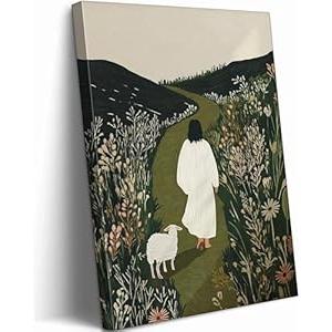 Jesus and Lamb Christian Canvas Wall Art Jesus Leaves the 99 Sheep Painting Picture Wall Decor The Good Shepherd Bible Poster Print Artwork for Living Room Bedroom Church Prayer Room Decorate, Framed