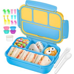 QQKO Bento Lunch Box for Kids Girls Boys, Toddler Kids Lunch Boxes for School, Lunch Containers for Adults with 4 Compartments, Sauce Container, Utensils, Food Picks and Muffin Cups, Blue
