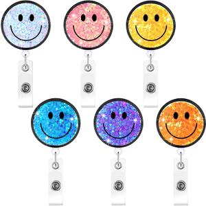 6 Pcs Badge Reel Retractable Smile Face Glitter Badge Holder Name Tag Holders ID Clip with Alligator Clip for Office Nurses Doctors