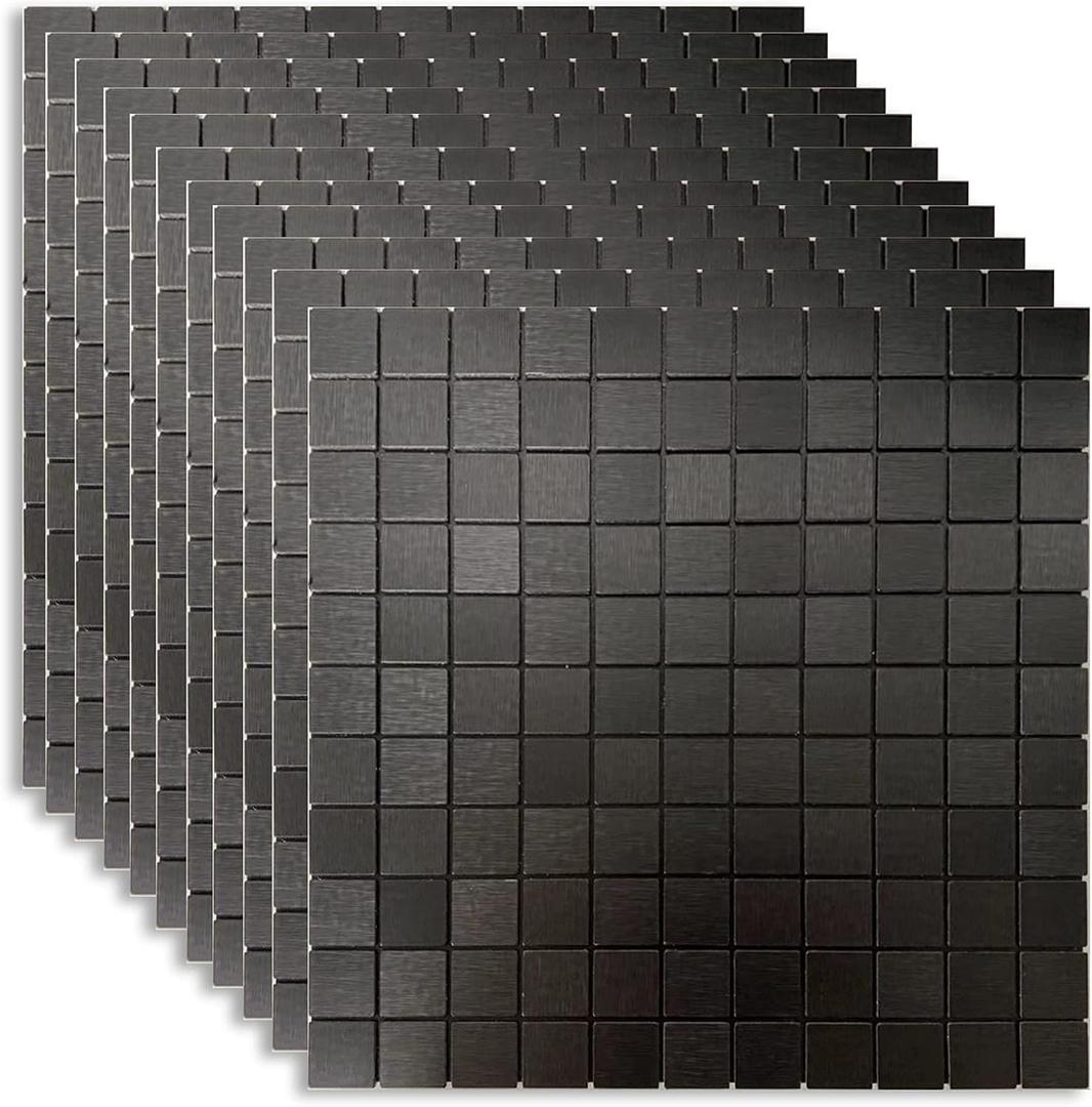 XUANINY 11-Sheet Peel and Stick Backsplash Tiles, Brushed Aluminum Surface Metal Mosaic Sticker for Kitchen Wall (11.41"x11.41") (11, Black Brushed)