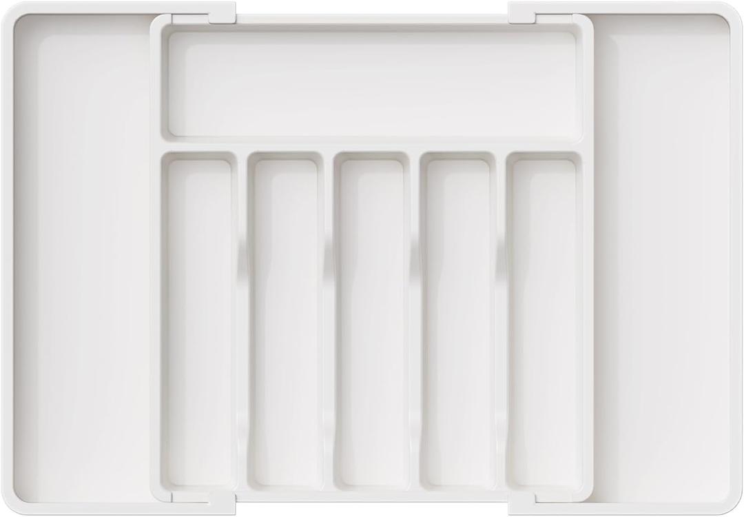 Lifewit Silverware Drawer Organizer, Expandable Utensil Tray for Kitchen, BPA Free Flatware and Cutlery Holder, Adjustable Plastic Storage for Spoons Forks Knives, Large, White (XL(13-22''W x 15"D))