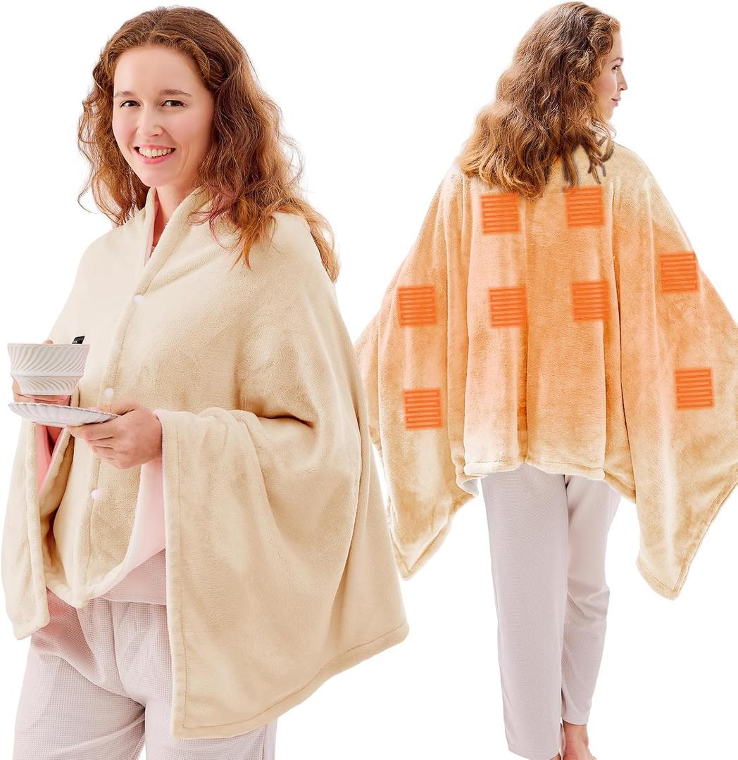 JOLLYVOGUE USB Heated Blanket Throw, Wearable & Portable Heating Electric Blanket for Adults, 3 Levels & 8 Heating Zone Shawl for Indoor & Outdoor, Beige (Battery Not Included)